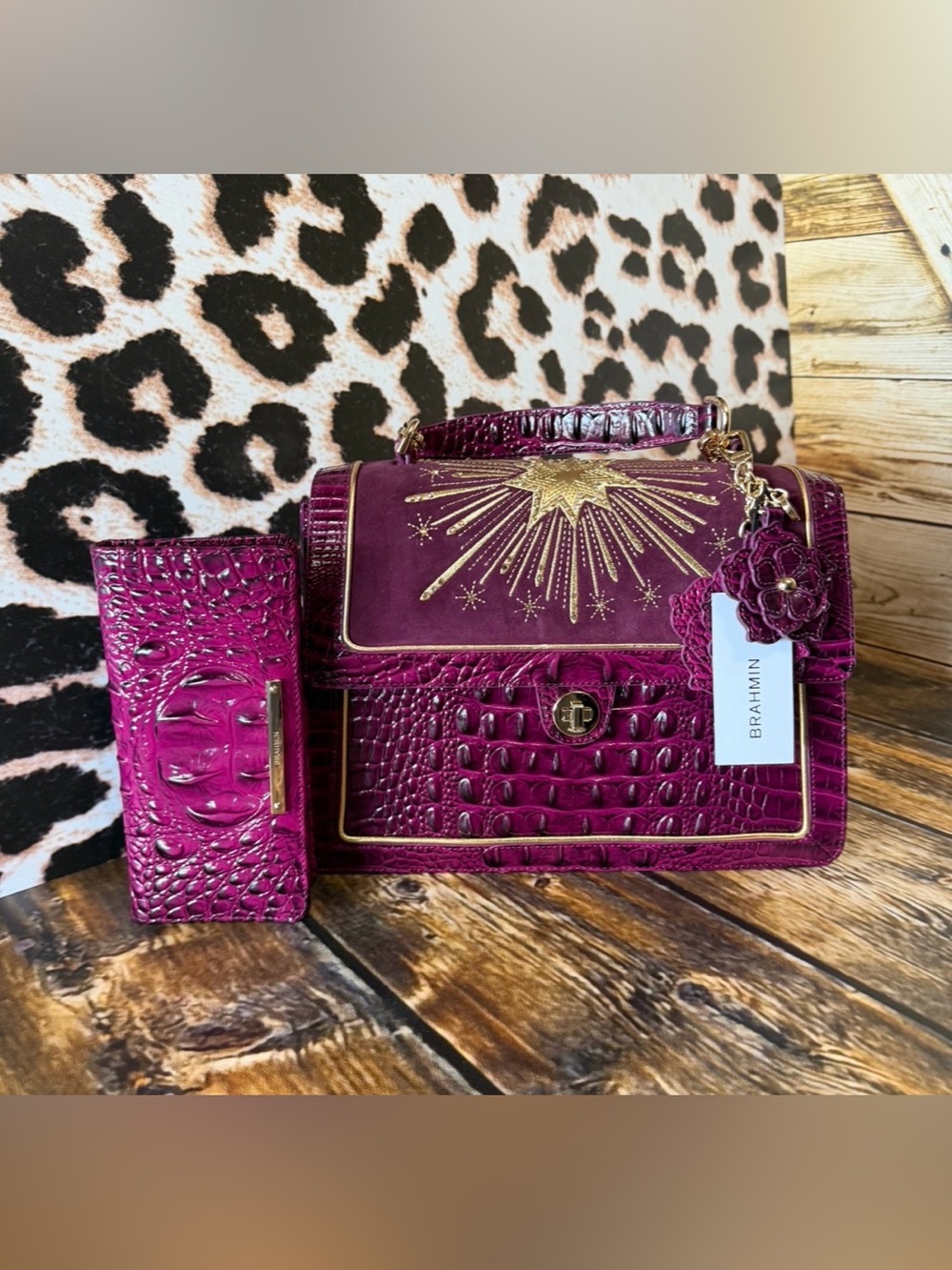 3 PIECE SET LIMITED EDITION BRAHMIN HALLIE REVEL SUGAR PLUM & ADY WALLET & CHARM